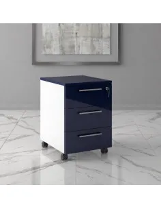 caisson de bureau 3 tiroirs blanc façade bleu fonce brillant
