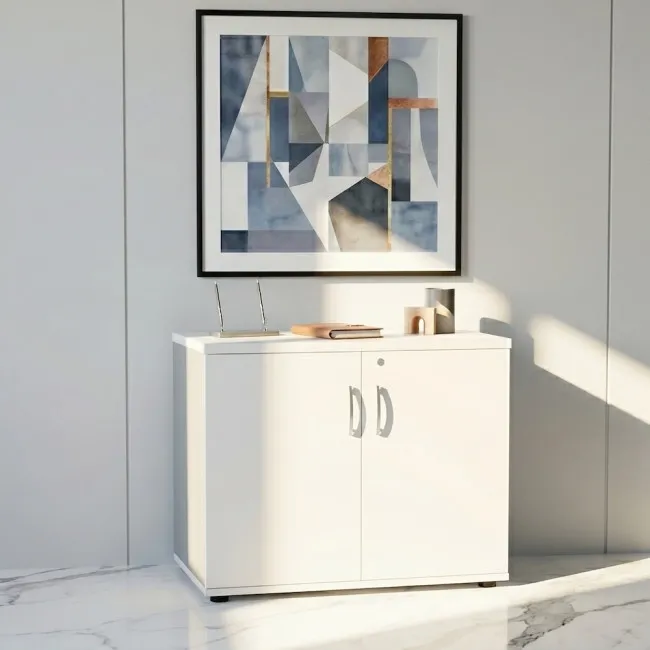 armoire-rangement-basse-bureau-portes-battantes-mdd-gris-aluminium-portes-blanche