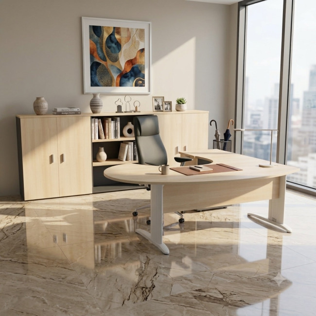 bureau-ergonomique-sigma-mobel-linea-avec-caisson, coloris acacia clair, pietements blancs