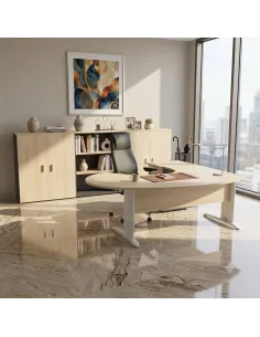 bureau-ergonomique-sigma-mobel-linea-avec-caisson, coloris acacia clair, pietements blancs