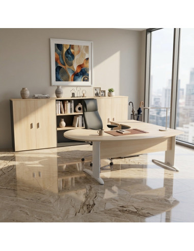 bureau-ergonomique-sigma-mobel-linea-avec-caisson, coloris acacia clair, pietements blancs