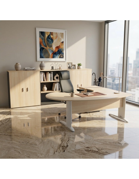 bureau-ergonomique-sigma-mobel-linea-avec-caisson, coloris acacia clair, pietements blancs