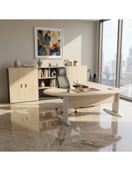 bureau-ergonomique-sigma-mobel-linea-avec-caisson, coloris acacia clair, pietements blancs