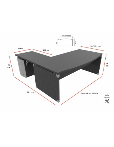 dimensions du bureau manager x time quadrifoglio avec retour et caisson porteur