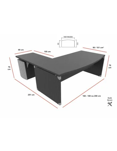 dimensions du bureau manager x time quadrifoglio avec retour et caisson porteur