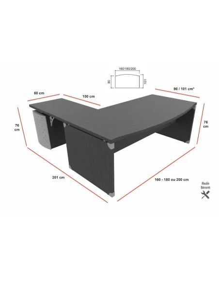 dimensions du bureau manager x time quadrifoglio avec retour et caisson porteur