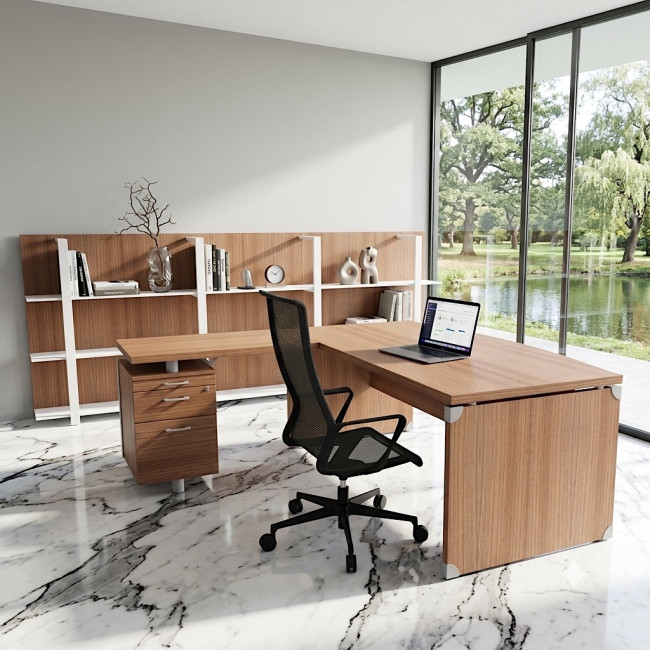 bureau-manager-plateau-courbe-xtime-quadrifoglio-coloris-noyer-canaletto- avec retour-caisson-2-tiroirs