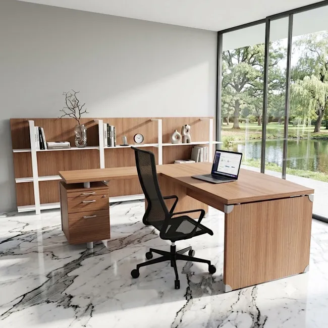 bureau-manager-plateau-courbe-xtime-quadrifoglio-coloris-noyer-canaletto- avec retour-caisson-2-tiroirs