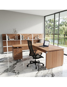 bureau-manager-plateau-courbe-xtime-quadrifoglio-coloris-noyer-canaletto- avec retour-caisson-2-tiroirs