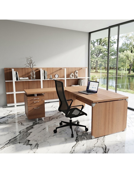 bureau-manager-plateau-courbe-xtime-quadrifoglio-coloris-noyer-canaletto- avec retour-caisson-2-tiroirs