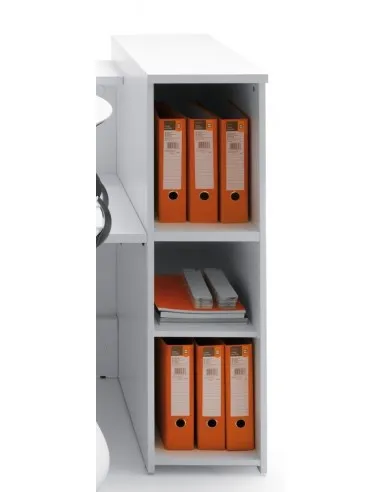 Bureau d’accueil lumineux en angle modèle Valde avec armoires de rangement intégrées - MDD