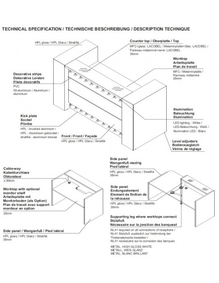 Bureau d’accueil lumineux en angle modèle Valde avec armoires de rangement intégrées - MDD
