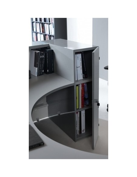 Bureau d’accueil lumineux en angle modèle Valde avec armoires de rangement intégrées - MDD