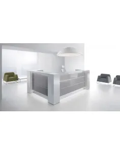 Bureau d’accueil lumineux en angle modèle Valde avec armoires de rangement intégrées - MDD