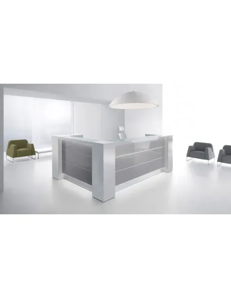 Bureau d’accueil lumineux en angle modèle Valde avec armoires de rangement intégrées - MDD