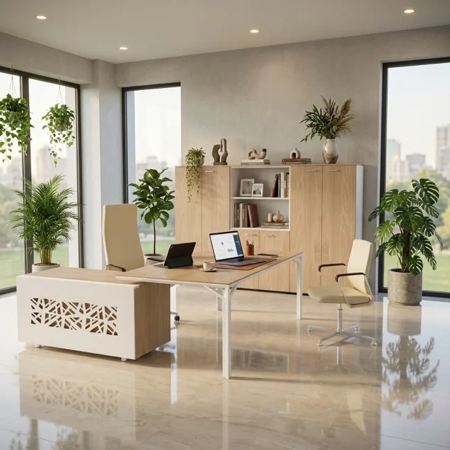bureau-direction-angle-direction-x8-quadrifoglio-vue-avant-retour-droite-pied-blanc-bois-coloris-orme