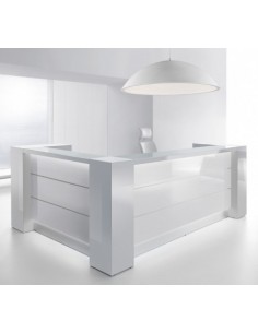 Bureau d’accueil lumineux en angle modèle Valde avec armoires de rangement intégrées - MDD