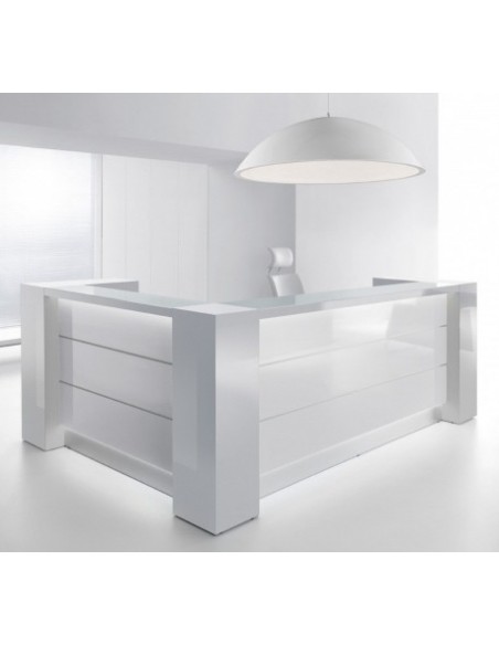 Bureau d’accueil lumineux en angle modèle Valde avec armoires de rangement intégrées - MDD