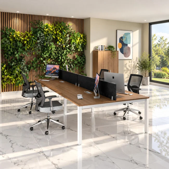 bureau 4 personnes en face a face tempo mobel-linea plateau acacia fonce pieds gris alu
