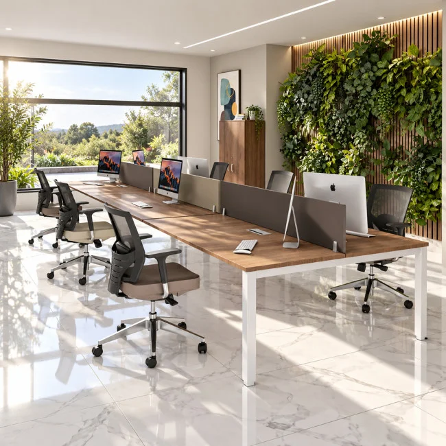 bureau 6 personnes tempo mobel linea plateau acacia fonce et pieds gris alu
