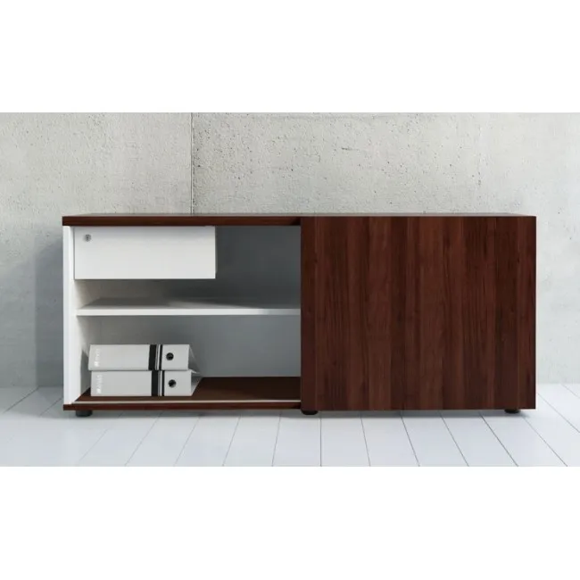 Armoire basse avec porte coulissante finition bois mélaminé, tiroir de rangement avec serrure - MDD