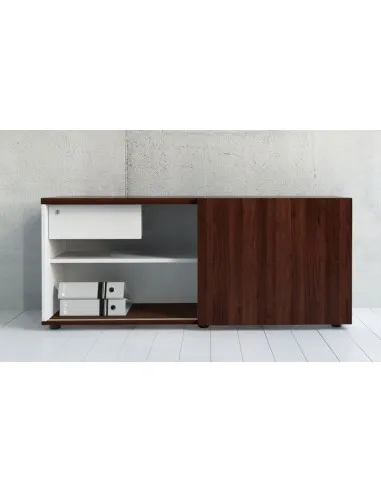 Armoire basse avec porte coulissante finition bois mélaminé, tiroir de rangement avec serrure - MDD
