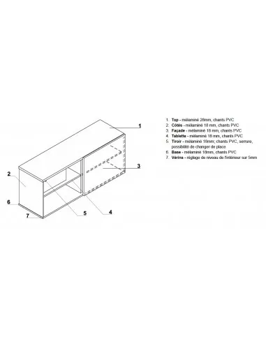 Armoire basse avec porte coulissante finition bois mélaminé, tiroir de rangement avec serrure - MDD