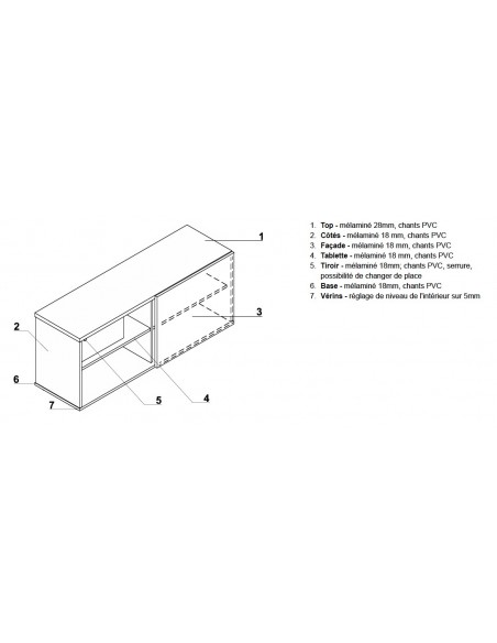 Armoire basse avec porte coulissante finition bois mélaminé, tiroir de rangement avec serrure - MDD