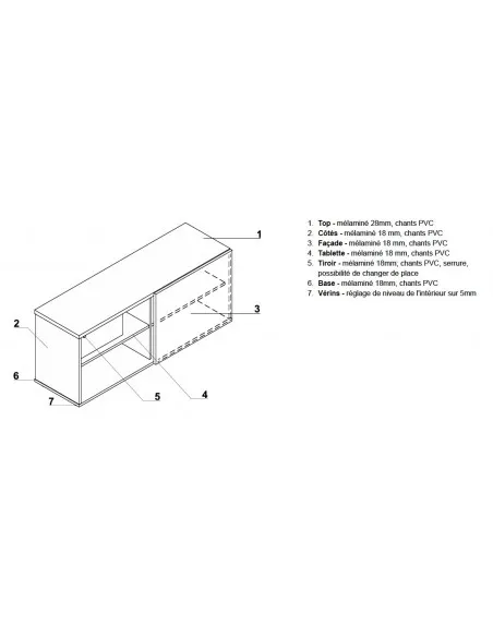Armoire basse avec porte coulissante finition bois mélaminé, tiroir de rangement avec serrure - MDD