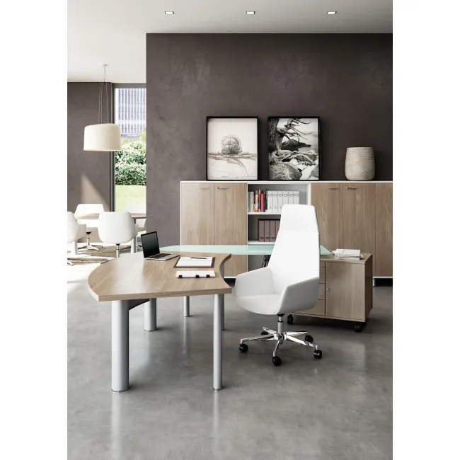 Bureau X time Next avec retour en verre et meuble de rangement intégré – Quadrifoglio.