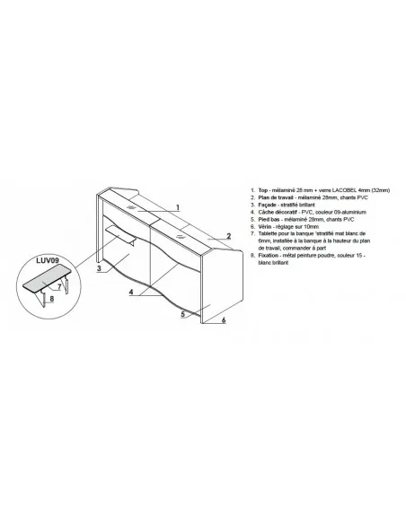 caractéristiques du comptoir d'accueil design MDD modèle vague avec accès PMR intégré