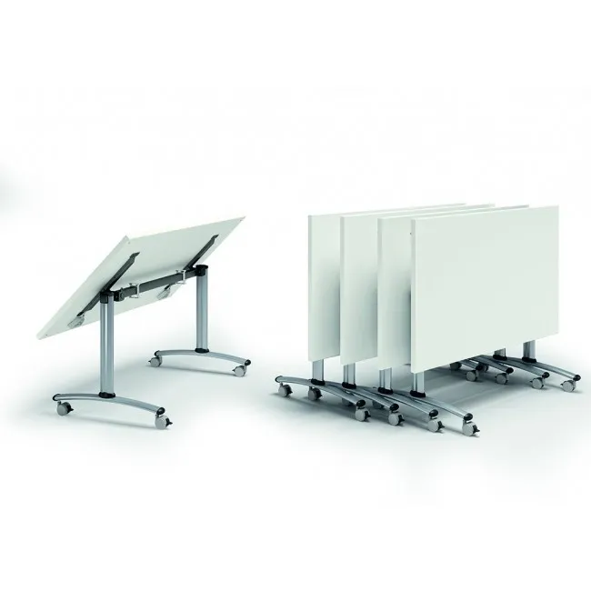 Table de réunion avec plateau abattant sur roulettes.