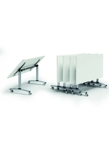 Table de réunion avec plateau abattant sur roulettes.