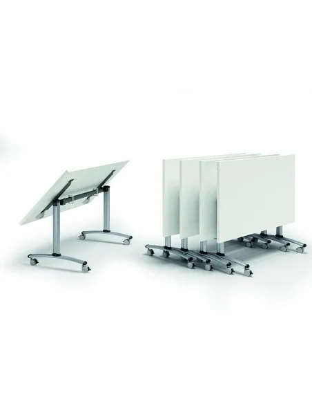 Table de réunion avec plateau abattant sur roulettes.