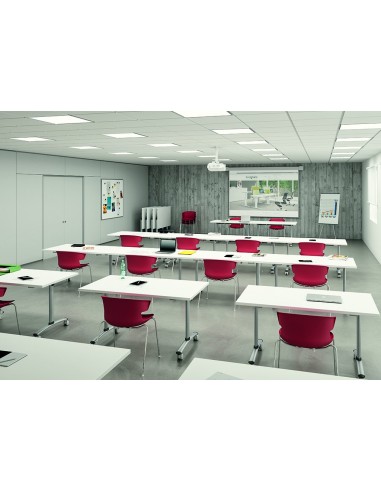 Table de réunion avec plateau abattant sur roulettes.