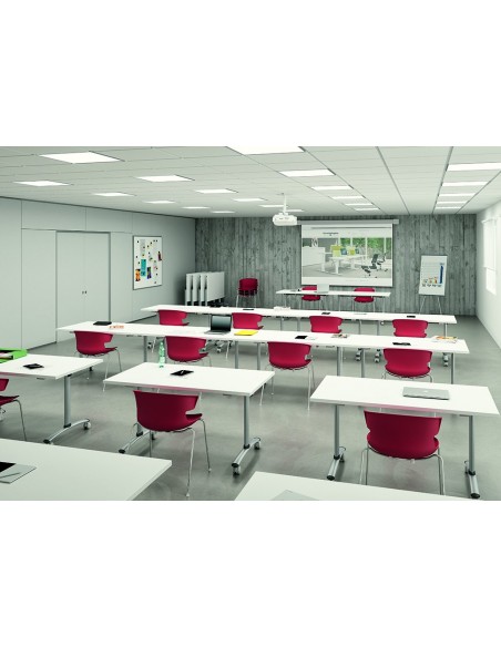 Table de réunion avec plateau abattant sur roulettes.