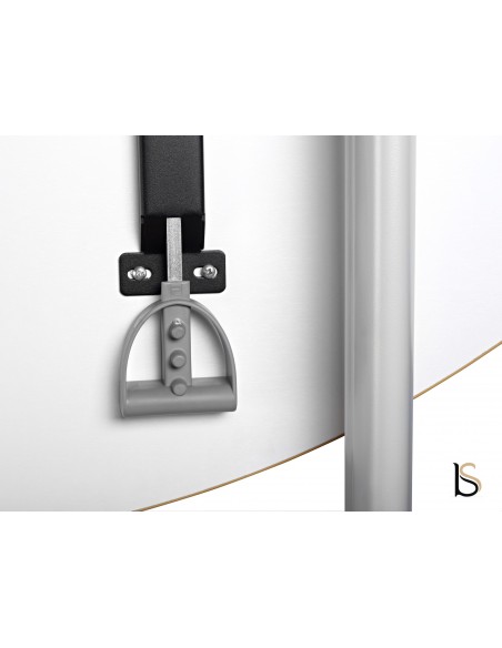 Table de réunion demi-lune avec plateau abattant sur roulettes.