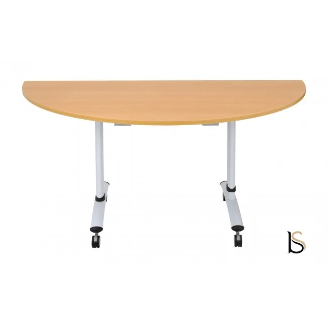 Table de réunion demi-lune avec plateau abattant sur roulettes.