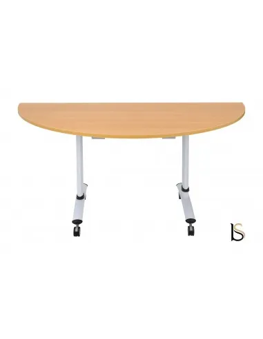 Table de réunion demi-lune avec plateau abattant sur roulettes.