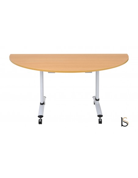 Table de réunion demi-lune avec plateau abattant sur roulettes.