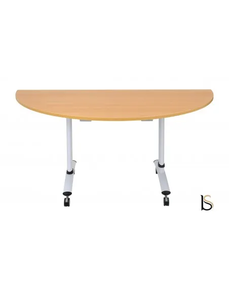 Table de réunion demi-lune avec plateau abattant sur roulettes.