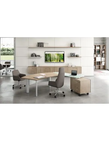 Bureau X time Next avec retour en verre et meuble de rangement intégré – Quadrifoglio.