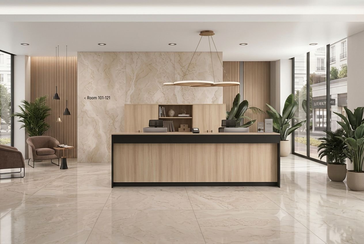 Accueil accueillant en agence immobilière avec réception moderne et espace lumineux, panneaux marbre et mobilier bois.