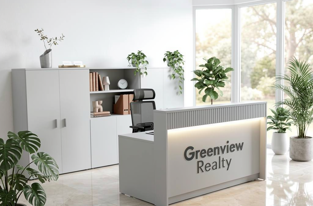 Accueil clair et moderne d’une agence immobilière avec comptoir « Greenview Realty », rangements et plantes d’intérieur. Aménager bureau agence immobilière.