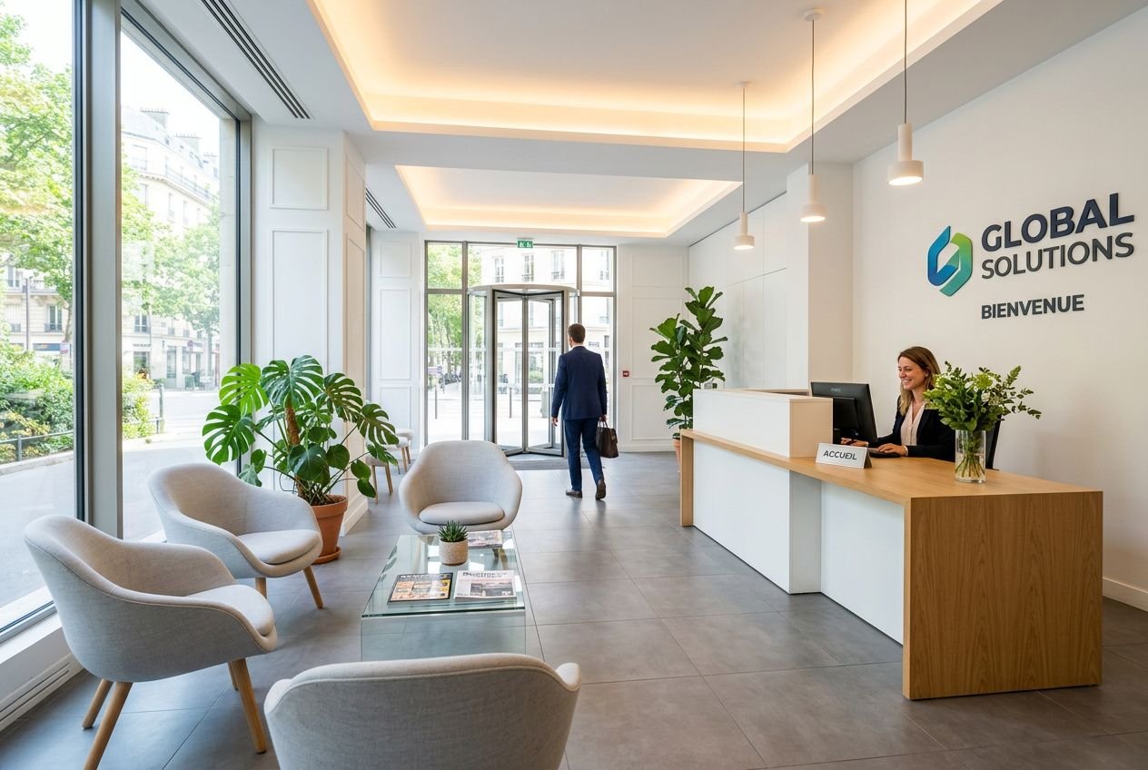Accueil d’entreprise moderne: espace d’attente lumineux avec fauteuils, réception en bois et plantes, logo Global Solutions à droite. Intègre le concept de comment aménager un espace d'accueil.
