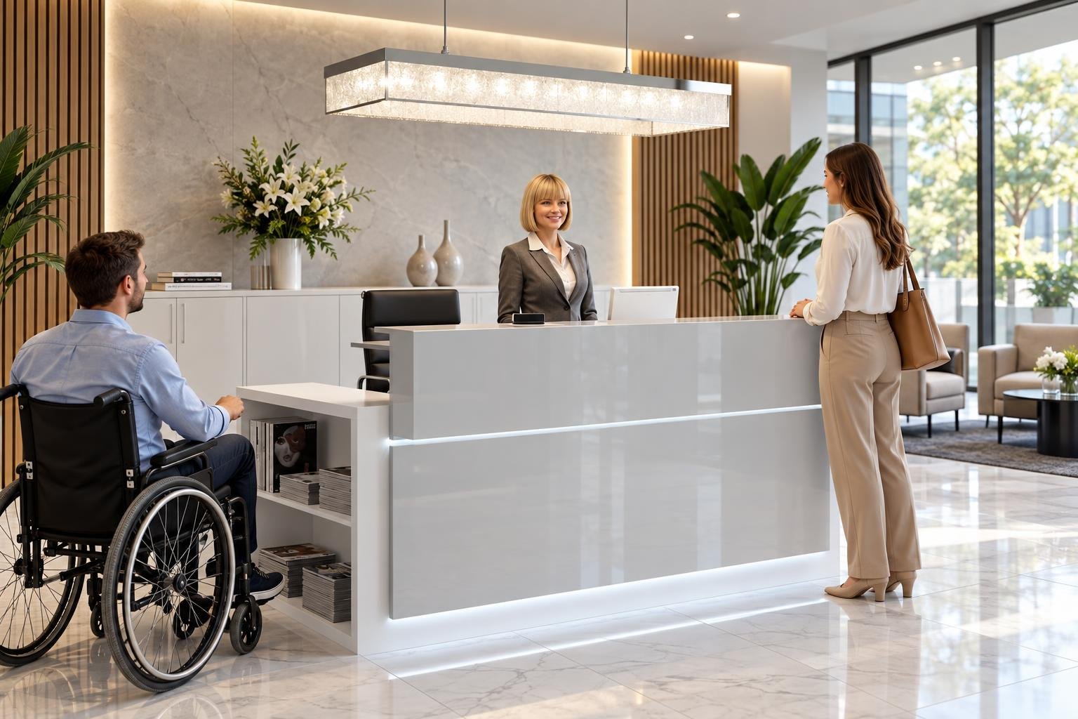 Accueil d'hôtel avec une femme au guichet et une cliente debout en face, avec un homme en fauteuil roulant à gauche et un