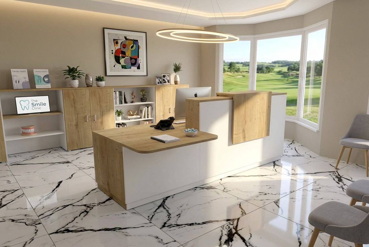 Accueil lumineux dans un cabinet dentaire sur-mesure avec mobilier bois et blanc, comptoirs modernes, réception et rangements, grandes fenêtres sur paysage extérieur. comment aménager un cabinet dentaire intégrée naturellement.