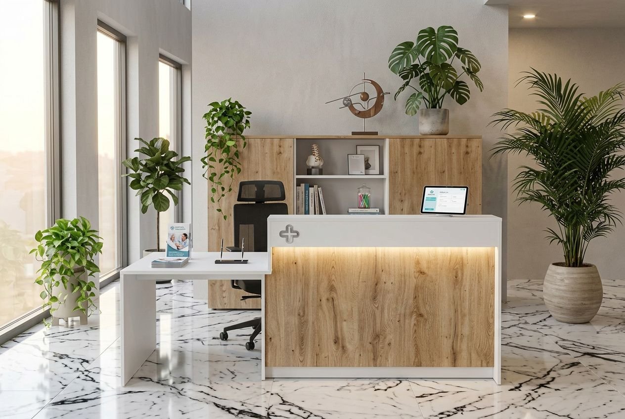 Accueil lumineux d’un cabinet médical modernisé : réception en bois clair, bureau associé et espace d’attente minimaliste, plantes vertes et grande baie vitrée. intégration naturelle du motif et éclairage doux. comment aménager un cabinet médical