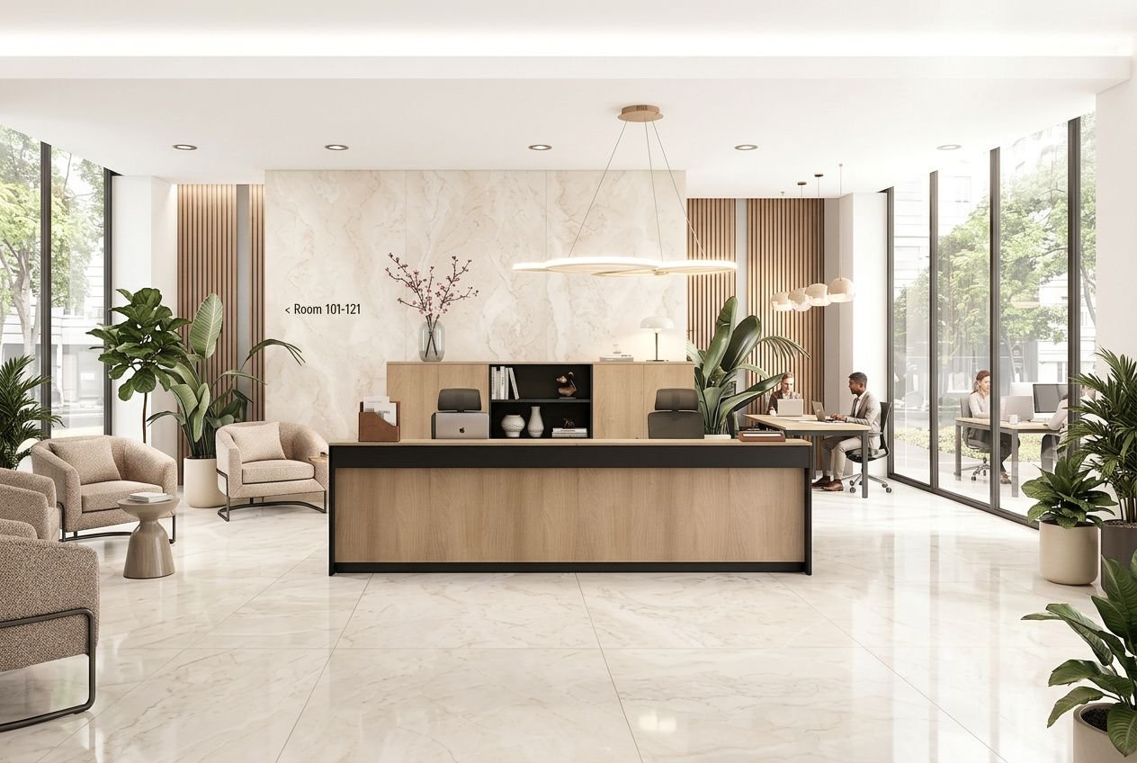 Accueil lumineux d’un espace de bureau partagé élégant avec comptoir d’accueil, canapés et plantes, ambiance coworking et zones de travail ouvertes.