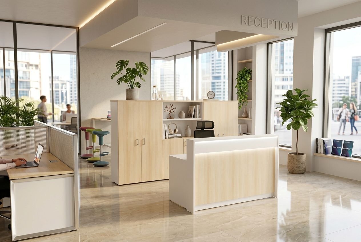 Accueil lumineux d’un espace coworking avec réception, meubles en bois clair, postes de travail et plantes d’intérieur. organiser un espace de bureau partagé.